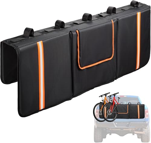 Tailgate Bike Pad for Mountain Bike, Tailgate Cover Made with 600D Material and PU Coating, Flip-up Flap, Tailgate Protector with Reflective Strips and Tool Pockets for Full-Size Trucks, 5 Bikes