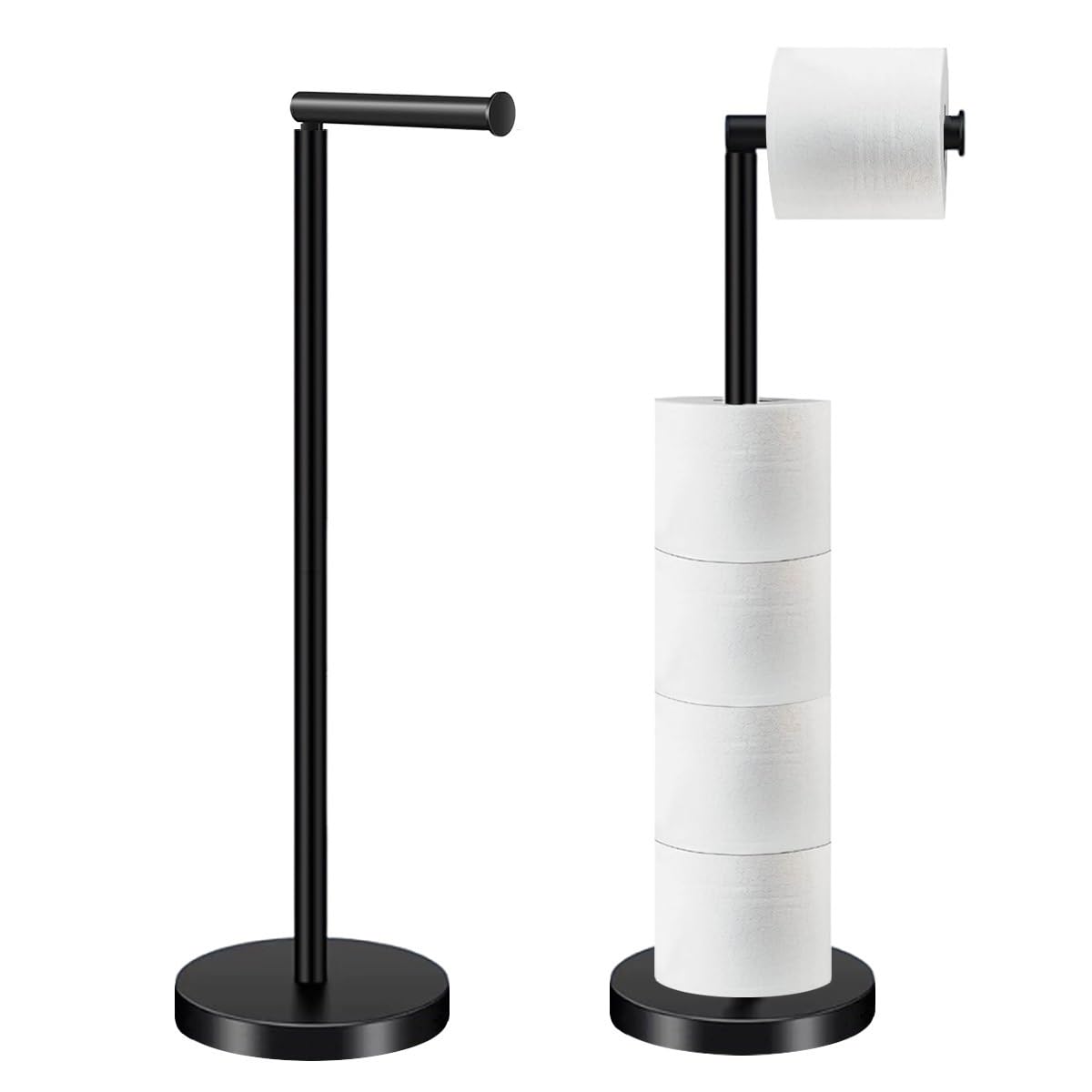 HOMEZI Black Toilet Roll Holder Free Standing with HEAVY BASE Premium Toilet Roll Stand Stainless Steel loo roll holder for Bathroom 2 in 1 Holder and Storage for 5 Rolls