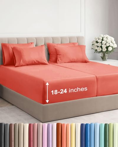 Image of Extra Deep Split King Sheet Set - 7 Piece Breathable and Cooling Sheets - Hotel Luxury Bedding for Women, Men, Kids & Teens - Easy Secure Fit - Soft, Wrinkle Free & Comfy - Extra Deep Pockets - Coral