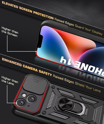 Image of WOW IMAGINE Tough Armor Bumper Mobile Back Case for iPhone 14 | Sliding Camera Shield Cover | Shock Proof 360 Protection | Hybrid PC + TPU | Ring Holder with Kickstand - Black