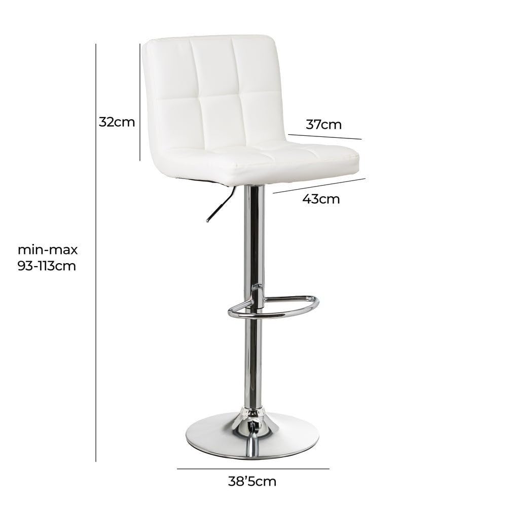 Taburete alto de cocina regulable en altura blanco con respaldo alto | Asiento cuadrado y respaldo alto acolchados y tapizados en polipiel. Altura ajustable de 72 a 92 cm. Resiste hasta 120 kg