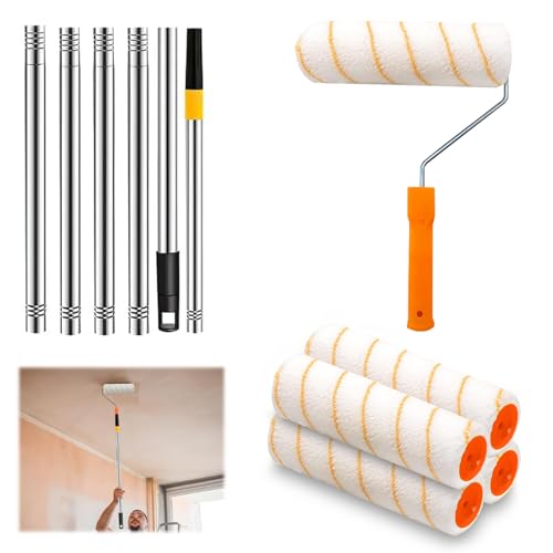 Rodillo de pintura con barra telescópica, rodillo de pintura de aleación de aluminio, barra telescópica de 30 – 180 cm, juego de rodillos de pintura, barra telescópica con 4 rodillos de pintura, juego