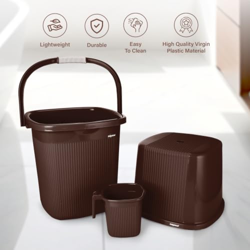 Image of Nayasa Rimmy Strong Plastic Bucket, Mug and Stool Set (3pc Set)| Bathroom Set | (Dark Brown, 18 Liter Bucket, 1.5ltr Mug, a Stool)