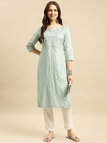 Image of rangita Mint Green Rayon Calf Length Embellished Straight Kurti for Women | Kurta for Women