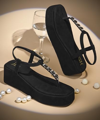 Image of JM LOOKS Soft Material Platform Wedge Sandals with Crystal T-Strap Detail and Secure Elastic Ankle Support