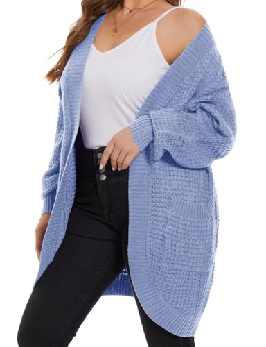 MONNURO Womens Plus Size Open Front Cardigan Waffle Knit Long Sleeve Sweaters Tops Fall Coat Outerwear with Pockets(Light Blue,2X)3