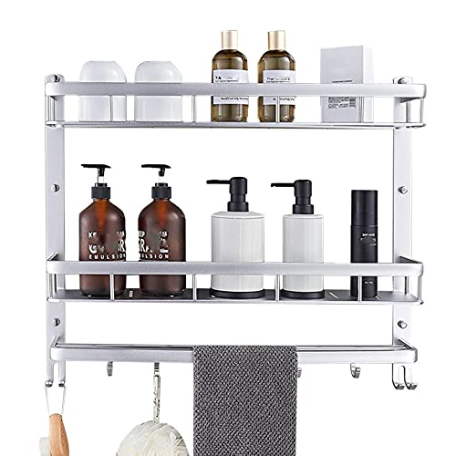 RHRYTCH Estantería de baño para montar en la pared, estantes de ducha autoadhesivos con gancho con toallero, aluminio sin taladro, para cocina, baño, 1 nivel, 40 cm (plata, 2 pisos de 40 cm)