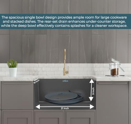 Image of ARQUIN Quartz Kitchen Sink 21x18x9 Inch Grey | Single Bowl Sink | Durable & Scratch-Resistant | Undermount /Topmount Including Coupling, Waste Pipe & Fruit Washing Basket