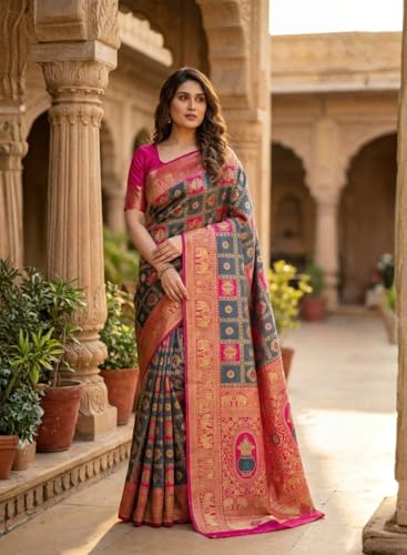 Image of C J Enterprise Women's Kanjivaram Silk Saree Woven Patola Banarasi Soft Sarees Zari With Blouse Piece (Hathi Patola)