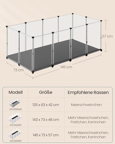SONGMICS Kleintiergehege mit Bodenplatten, Laufstall mit Abnehmbarer und wasserfester Unterlage, Gehege für Hamster, Kaninchen, Meerschweinchen, 145 x 73 x 57 cm, weiß LPC013W01
