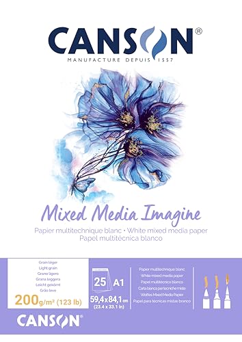 CANSON Imagine, Mixed Media Papier, leichte Körnung, 200 g/m², an der kurzen Seite geleimter Block, DIN A1, 59,4 x 84,1 cm, Naturweiß, 25 Blatt