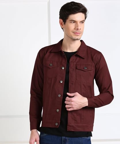 Image of MONTREZ Men Spread Collar Washed Lightweight Casual Denim Jacket (Maroon)