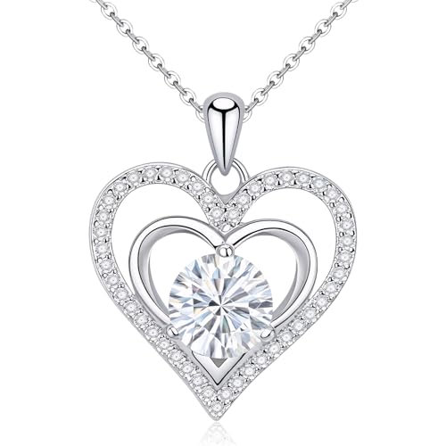 AGQWR 925 Sterling Silver Double Heart Pendant Necklace with Round Moissanite for Women - Elegant Anniversary, Birthday, Christmas Valentine's Day for Wife, Girlfriend, Mom
