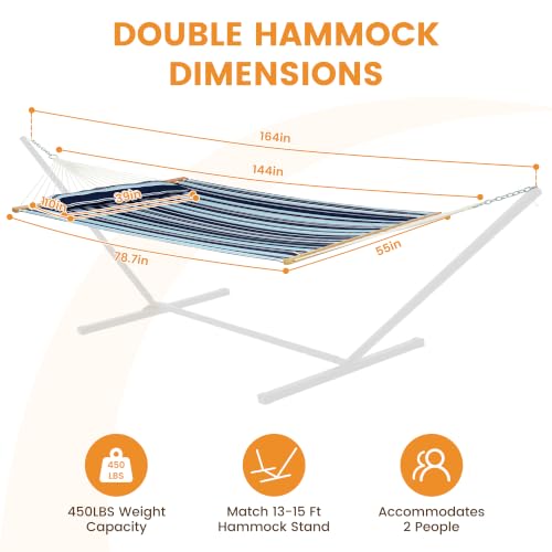Image of Lazy Daze Hammocks 12 FT Quilted Fabric Double Hammock with Spreader Bars, Detachable Pillow and Carabiners, 450lbs Weight Capacity, Ocean Blue Stripes