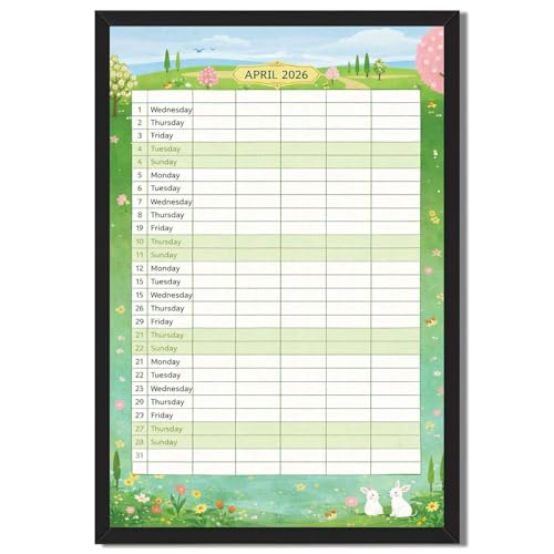 Framed April 2026 Calendar Poster Canvas Wall Art for Living Room Bedroom Dorm Room Home Decor Pictures Wall Decor, Minimalist Aesthetic Whimsical Wall Decoration Poster (Black Framed,12L X16W)