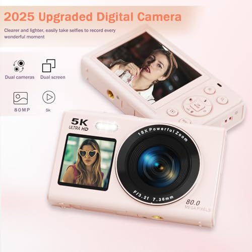 Image of 5K Digital Camera, Dual Screens Camera with 18X Digital Zoom, Compact Vlogging Camera for Teens, Beginner-Friendly Gift Pack, 32GB Card & 2 Batteries, Pink