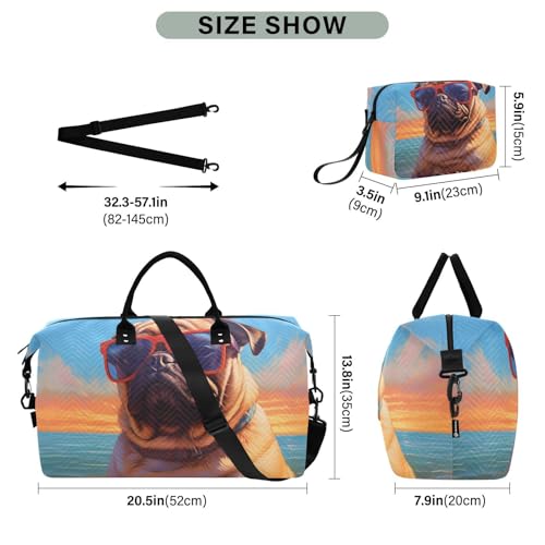 Pug Beach Duffel Bag Set with Toiletry Bag for Travel Gym Sport, Luggage Sleeve Weekender Bags Carry on Overnight Bag3