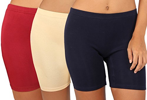 Image of Bralux Cycling Shorts for Women, Girls with Cotton Spandex Set of 3 - Multi Colour Rib Shorts