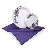 Tiger Chef Purple Peony Disposable Plate Paper Dinnerware Set for 48 Guest, Includes 48 10-inch and 7-in Paper Plates and 1 Plastic Tablecloth 54x108-in, Party Pack Tableware, Wedding, Birthdays