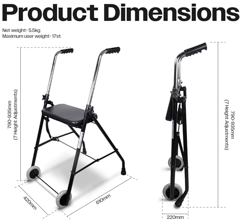 Aidapt Foldable Wheeled Walking Frame with Seat.Lightweight,Height Adjustable,Non-Slip Ferrules,Folds to 13cm Wide,Zimmer,Elderly,Disabled,Mobility Aid,Walker - 7