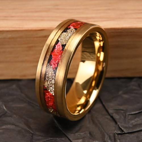 Gold Tungsten Carbide Rings for Men and Women 8mm Frosted Inlay Gold Foil and Red Foil Men's Engagement Wedding Bands Luxury4