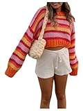 GORGLITTER Women's Striped Cropped Sweater Colorful Crew Neck Chunky Cable Knit Vintage Pullover Coastal Cowgirl Outfit Multicolor Large