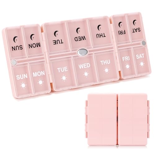 FYY Weekly Pill Organizer 2 Times a Day Magnetic Travel Pill Box AM PM with Easy Open 7-Day Daily Pill Case Medicine Organizer for Vitamins Supplements - Pink