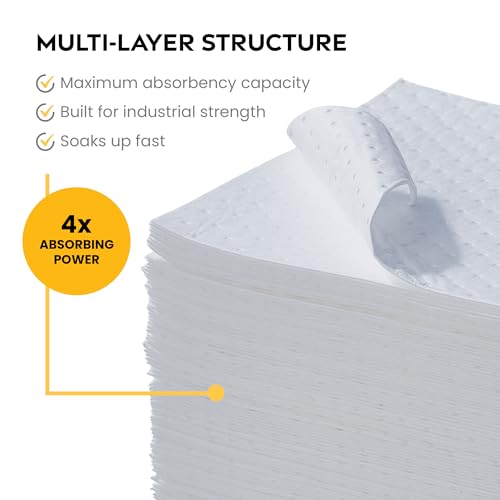 Image of Spill Ready Oil Only Absorbent Pads 15 inch x 20 inch (200 Pack) - Standard Weight Absorbs Up to 24 oz per pad - 2mm Oil Spill Mat, Hydrophobic Sorbent Mat Pads for Oil & Fuel Spills, Oil Pads - White