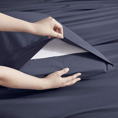 Image of Nestl Extra Deep Cal King Sheet Set - 6 Piece Breathable & Cooling Sheets - Hotel Luxury Bedding Set w /18-24 Inch Deep Pockets - Easy & Secure Fit - Super Soft, Wrinkle Free & Comfy - Navy Blue