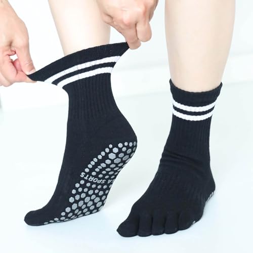 Pilates Yoga Socks with Toes Separated, Striped Non-slip Toe Socks with Grips for Women, 3 Pairs4