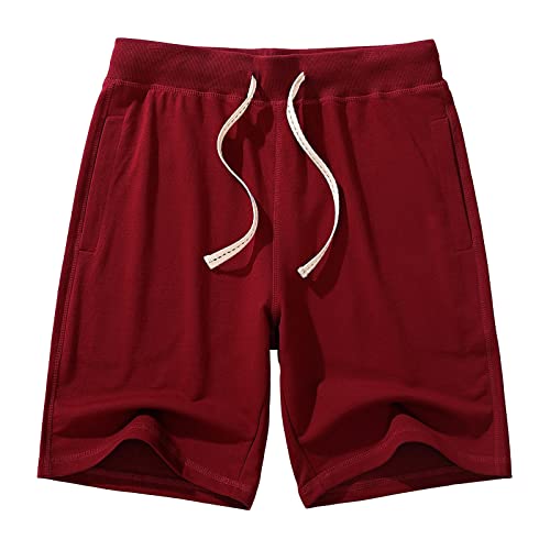 AMY COULEE Men's Cotton Shorts Lounging Sports Casual Shorts with Pockets (Wine, L)