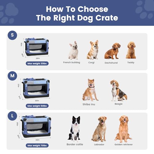 Gardner Pet Soft Collapsible Dog Crate - 36 Inch Portable Travel Dog Crate for Medium/Large Dogs Indoor & Outdoor, 3-Door Pet Crate with Durable Mesh Windows & Storage Bag, Blue