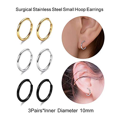 Hoop Earrings For Men Women, Small Hoop Earrings Mens Earrings Surgical Steel Earrings For Men Women Silver Black Gold Hoop Earrings 20G 10Mm Small Hoop Earrings For Women Hypoallergenic Earrings Set #TOP2