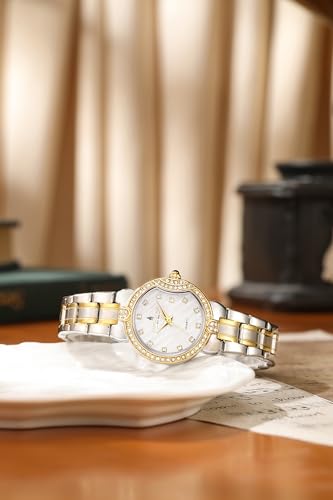 Image of London Fog Crescent Collection Analog Quartz Watch for Women - Round Textured Dial, Crystal-Studded, Diamond-Style Hour Markers, Stainless Steel Strap - LFW20005