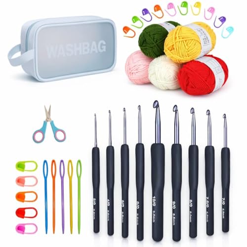 Image of Crochet Kit with Soft Grip Handles - Full Crochet Hook Set for Beginners & Yarn Lovers - Ergonomic Crochet Tools for DIY Craft & Gifting (Dark Blue Kit)