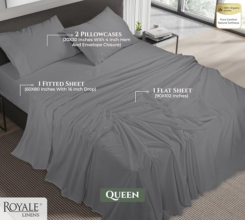 Image of ROYALE LINENS 100% Organic Cotton Queen Sheet Set - 16 inch Deep Pocket Bed Sheets - Eco Friendly Grey Bed Sheets - Sabanas Queen - 1 Flat, 1 Fitted & 2 Pillowcases - Grey Sheet Set - Cotton Bedding Sets