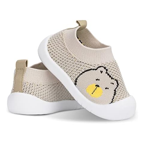 Pluatyep Infant First Walk Non-Skid Shoes Toddler Baby Boys Girls Soft Sole Fashion Breathable Knitted Mesh Socks Shoes Slip-on Sneakers Indoor Outdoor(KhakiBear,L) Cover