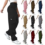 Cargo Pants For Women UK High Waist Combat Trousers With Multiple Pockets Solid Color Drawstring Tracksuit Bottoms Baggy Lightweight Wide Leg Trousers Ladies Casual Jogging Pants Hiking Walking