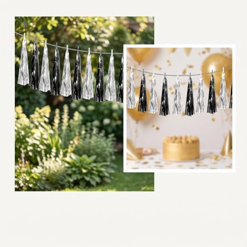 Image of 4P Black Silver Foil Fringe Metallic Tassel Streamers Banner Tassel Garland for Parade Floats, Graduation, Wedding, Birthday, Halloween, Christmas, Bridal /Baby Shower Party Decorations