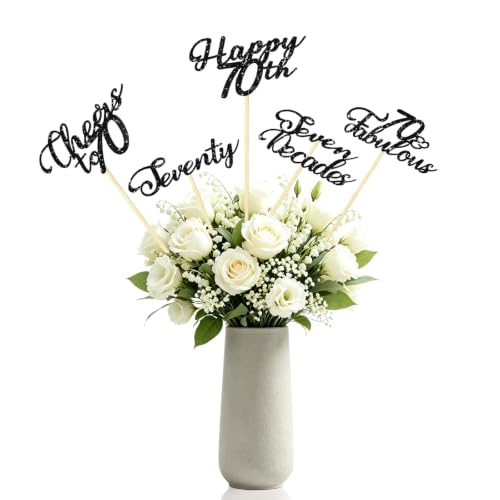 TONIFUL 12Pcs Glitter Black Happy 70th Birthday Centerpiece Toppers