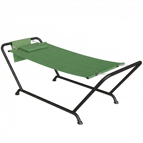 Outsunny Amaca da Esterno con Supporto, Amaca Autoportante con Tasca Laterale, Poggiatesta e Struttura in Metallo, Capacità 150 kg per Giardino, Balcone, Veranda, 237x90x92 cm, Verde Scuro