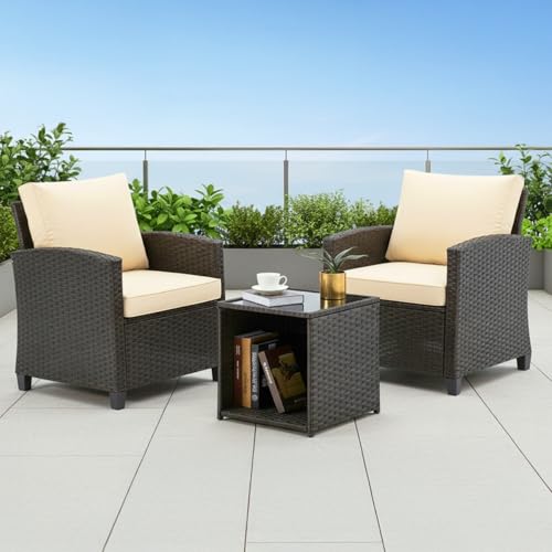 Image of DEVOKO Outdoor Wicker 3-Piece Patio Furniture Set with All-Weather Cushions & Rust Resistant Metal Frame UV-Resistant Furniture Design Perfect for Garden Balcony(Dark Brown & Cream)