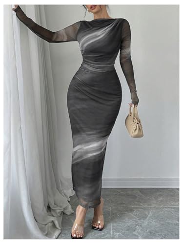 Image of Milumia Women's Tie Dye Boat Neck Long Sleeve Fall Dress Ruched Bodycon Maxi Slimming Dresses Cocktail Party