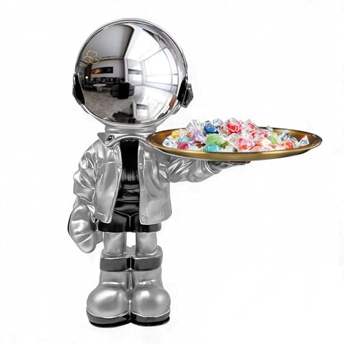 Dosker Astronaut Statue with Candy & Key Dish, Spaceman Sculpture Silver