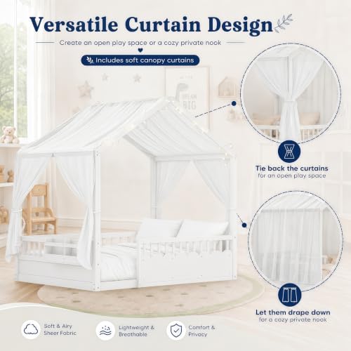 Image of Bellemave Twin House BedFrame with Canopy, Montessori House Bed with LED and Bookshelf and Rails for Kids, White