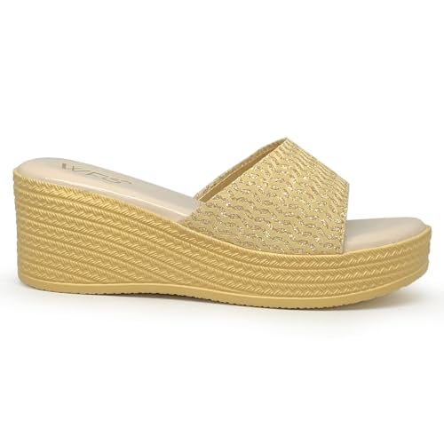 Image of WFS Women's Black 2.5 Inch Wedge Heel Slip-On Fashion Sandals - Shimmer Finish