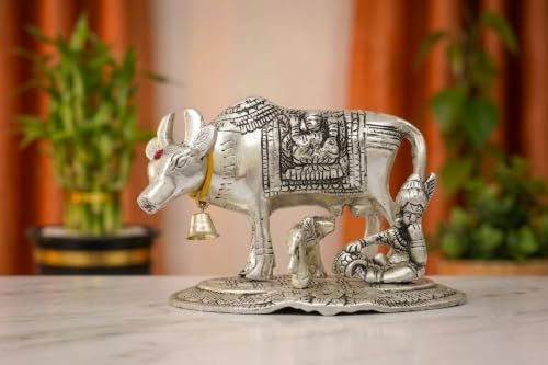 Image of KridayKraft Kamdhenu Cow and Calf with Krishna Idol, Silver-Plated Decorative Showpiece for Home Decor and Gift, 14 x 11 cm X 10 cm, 350 g