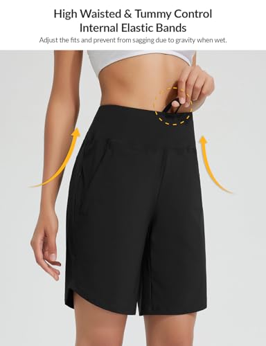 baleaf Women's 9" Long Swim Board Shorts with Zipper Pockets High Waisted Tummy Control Beach Shorts with Liner3