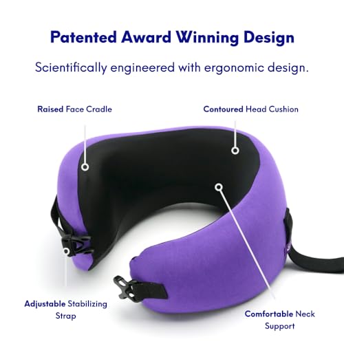 Image of C CUSHION LAB Travel Pillow, Award-Winning Patented Ergonomic Design for Chin & Neck Support Memory Foam Neck Pillow, Compact Airplane Pillow for Traveling, Flight, Car (Royal Purple, Medium)