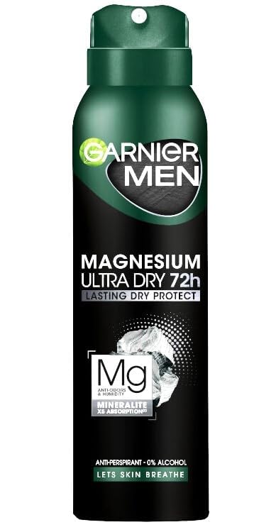 Garnier Men Deo Spray Magnesium Ultra Dry 72 h Lasting Dry Protect Anti-Perspirant - 0% Alcohol Lets Skin Breathe Dermatologically tested 150 ml x 6 (Pack of 6)